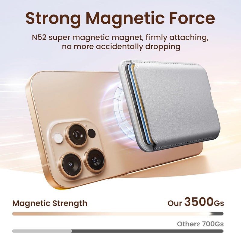 SOUNDBYTE Stronger Magnetic Wallet for iPhone 17/16/15/14/13/12 Series & for MagSafe Cases | N52 Magnet RFID Blocking Leather Magnetic Card Holder with Powerful Magnets | Holds 3 Cards | Light Grey - Image 2